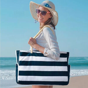 Beach Bag Waterproof Tote with Zipper nwt white and blue stripes beach bag